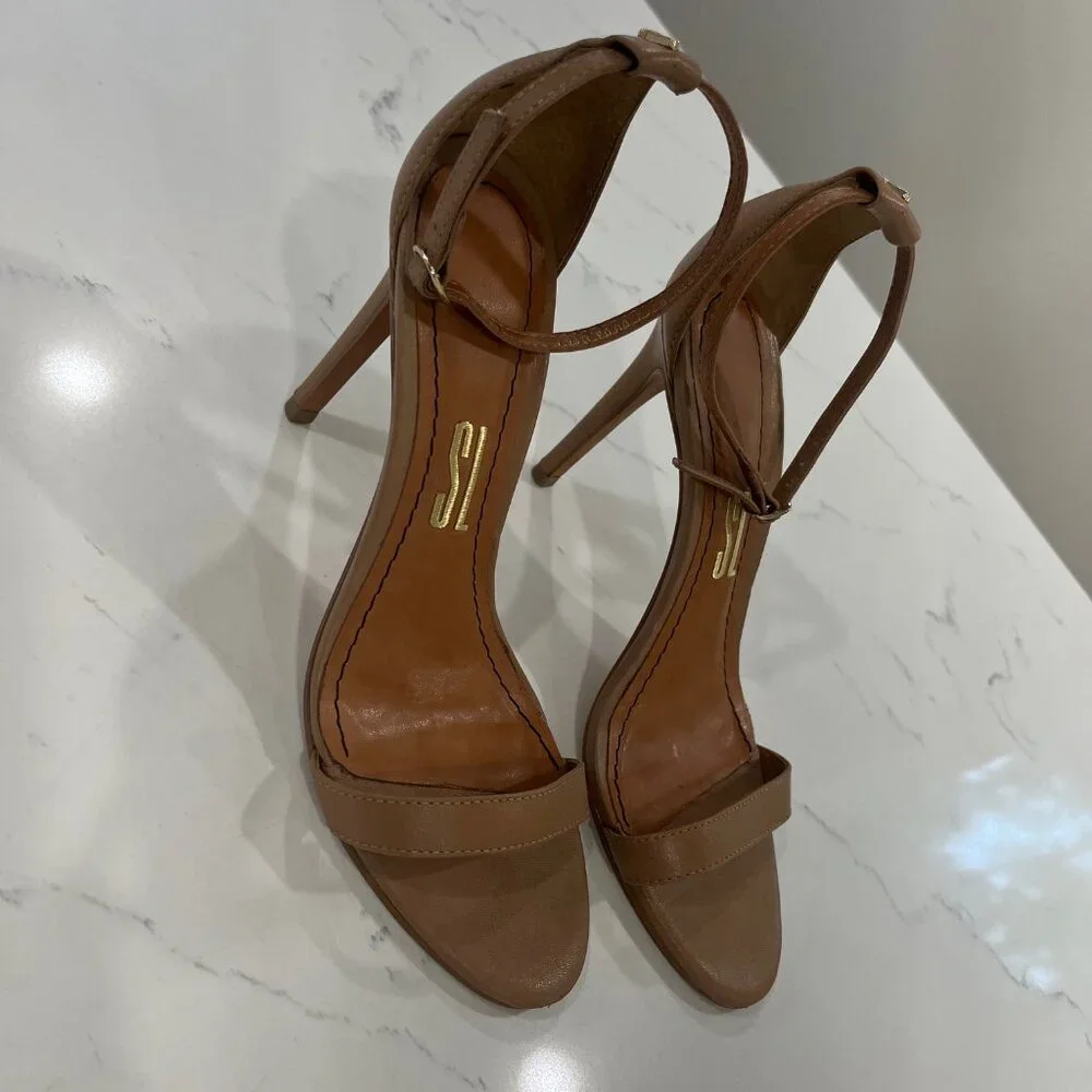 Minimalist Tan Ankle-Strap Stiletto Heels
